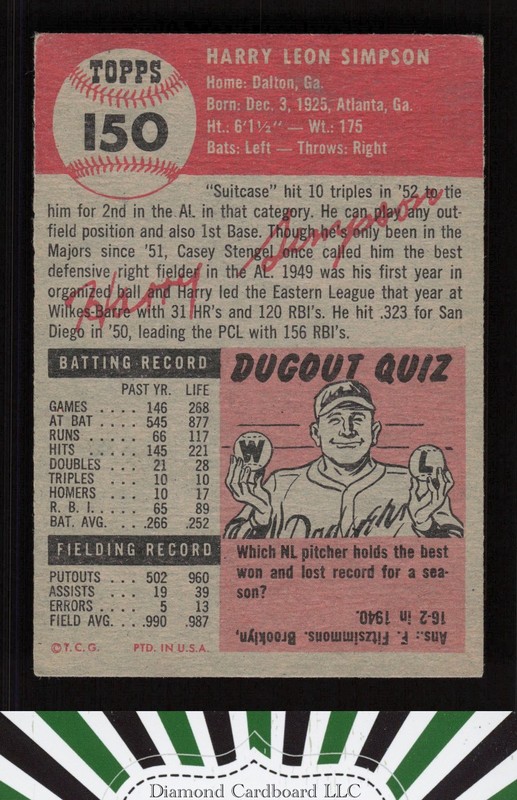 1953 Topps #150 Harry Simpson : Bio uses white text GD+ i, back