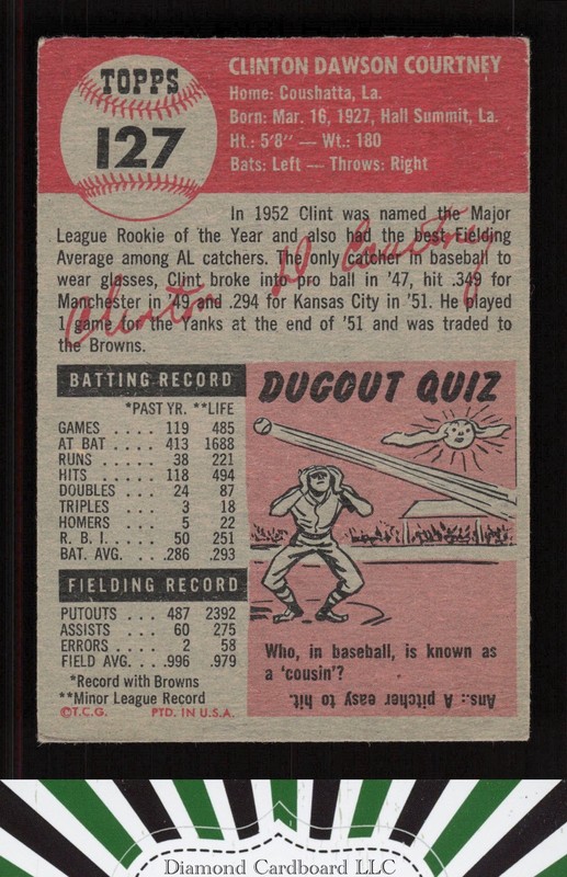 1953 Topps #127 Clint Courtney : Bio uses white text GD+ b, back