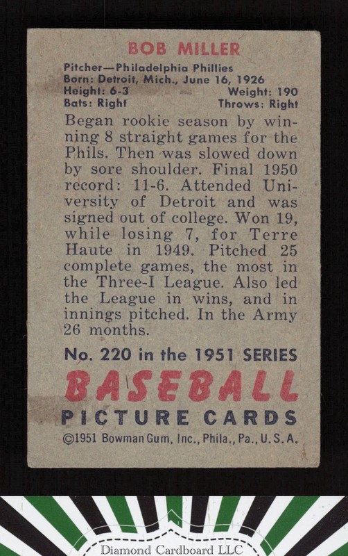 1951 Bowman #220 Bob Miller VG, back