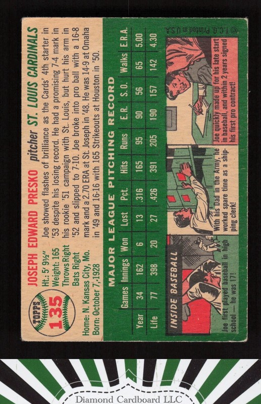 1954 Topps #135 Joe Presko VG i, back