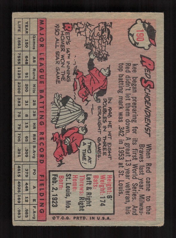 1958 Topps #190 Red Schoendienst VGEX d, back