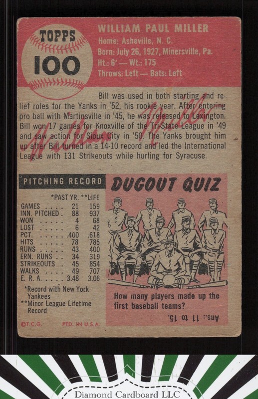 1953 Topps #100 Bill Miller : Bio uses white text FR b, back