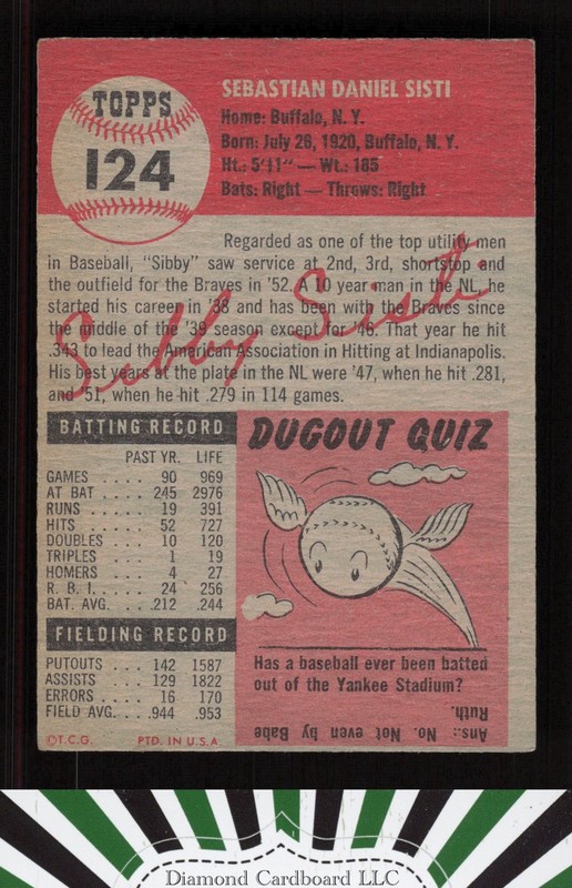 1953 Topps #124 Sibby Sisti : Bio uses black text VGEX f, back