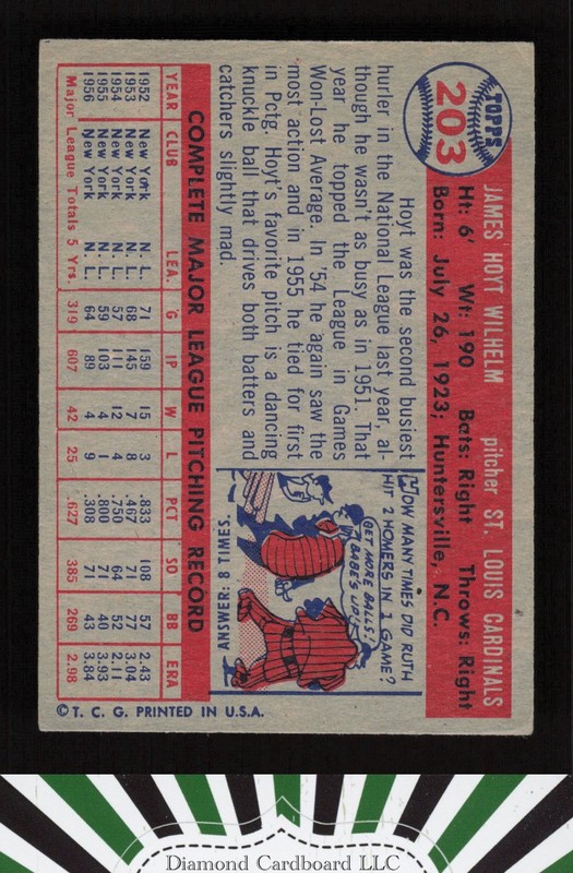 1957 Topps #203 Hoyt Wilhelm VGEX e, back
