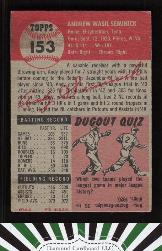1953 Topps #153 Andy Seminick : Bio uses white text FR a, back