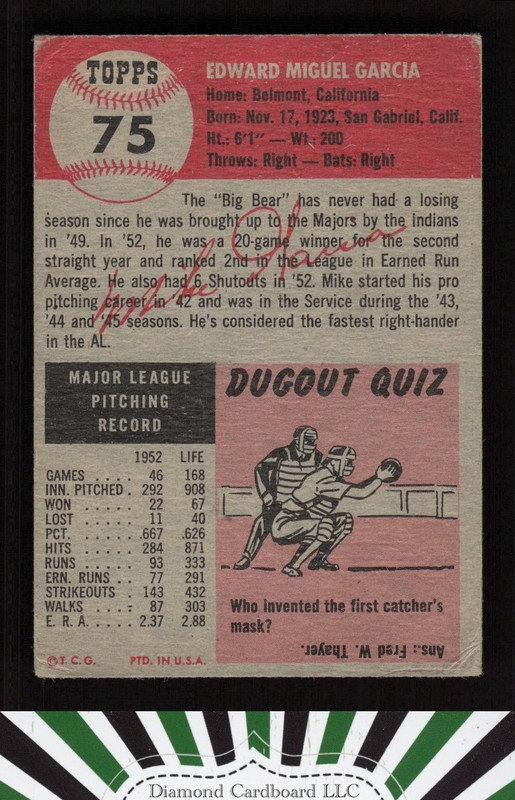 1953 Topps #75 Mike Garcia FR b, back
