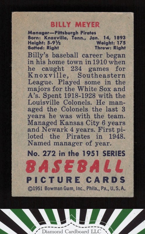 1951 Bowman #272 Billy Meyer VGEX (MISCUT), back