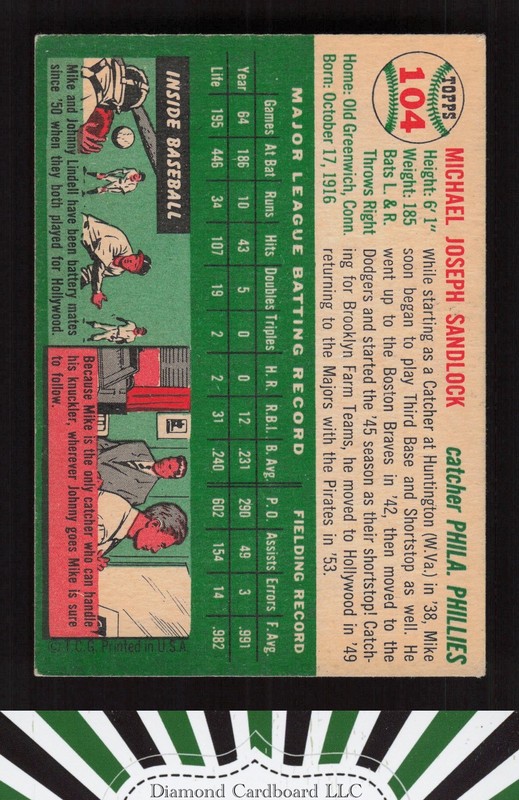 1954 Topps #104 Mike Sandlock EX f, back