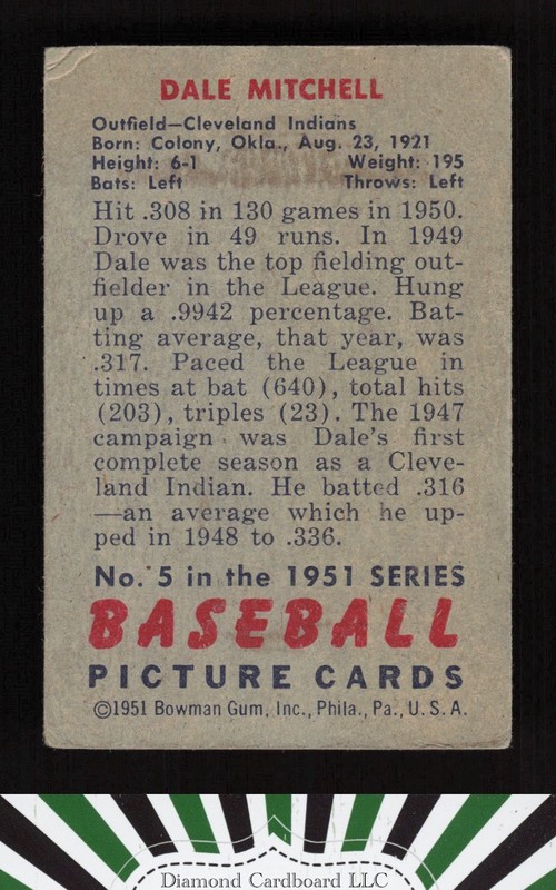 1951 Bowman #5 Dale Mitchell GD, back
