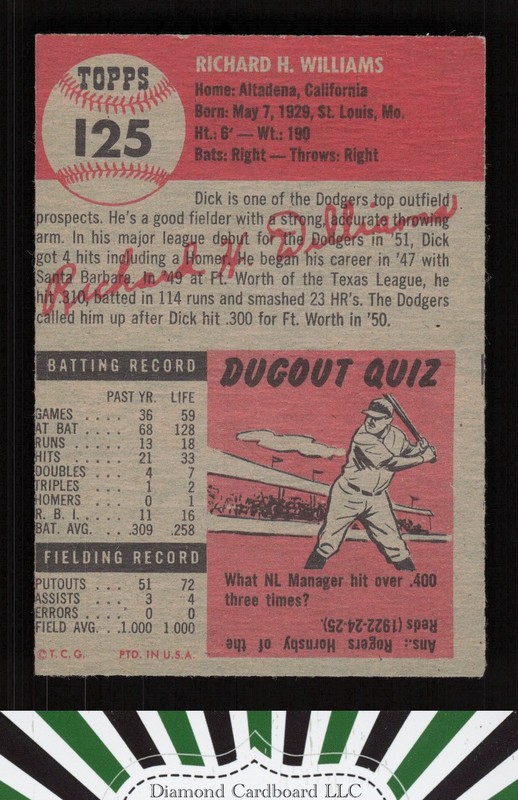 1953 Topps #125 Dick Williams : Bio uses black text EX g, back
