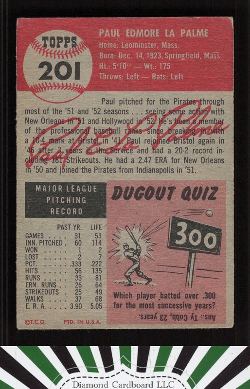 1953 Topps #201 Paul LaPalme VG d, back