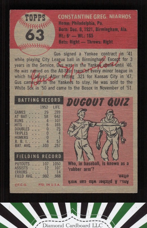 1953 Topps #63 Gus Niarhos EX h, back