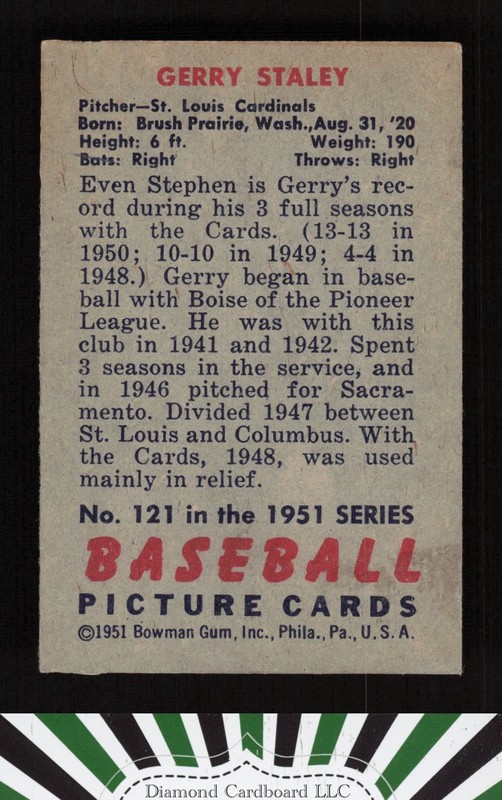 1951 Bowman #121 Gerry Staley VG+ [CENTERED], back