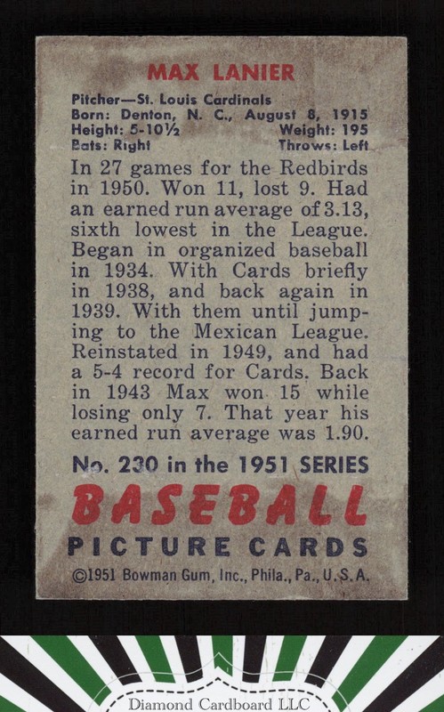 1951 Bowman #230 Max Lanier VGEX (Heavy Stains on Back), back