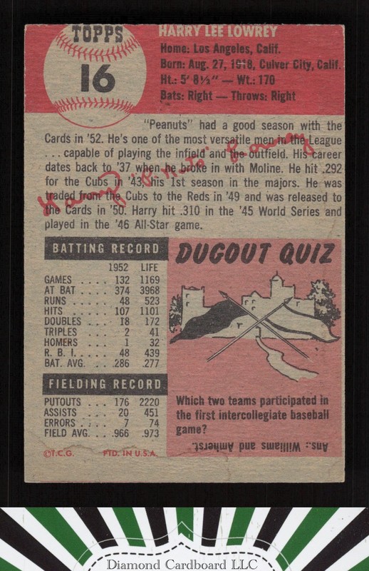 1953 Topps #16 Peanuts Lowrey EXMT (ST) h, back