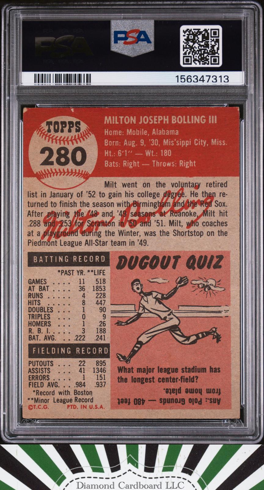 1953 Topps #280 Milt Bolling PSA 5, back