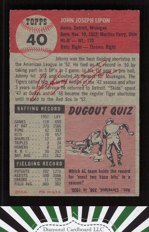 1953 Topps #40 Johnny Lipon NM i, back