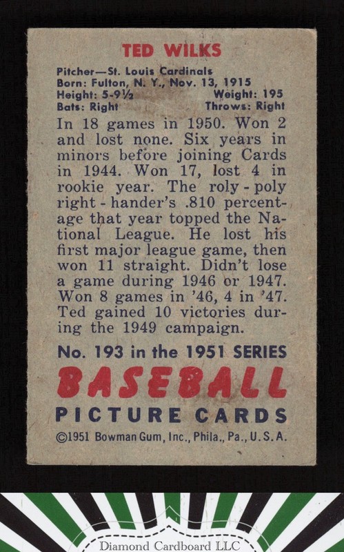 1951 Bowman #193 Ted Wilks VG+, back