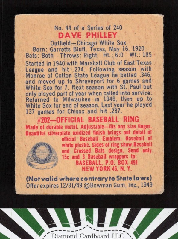 1949 Bowman #44 Dave Philley VGEX b, back