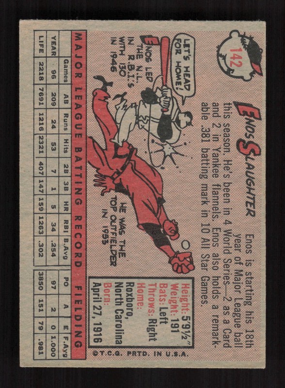 1958 Topps #142 Enos Slaughter VGEX f, back