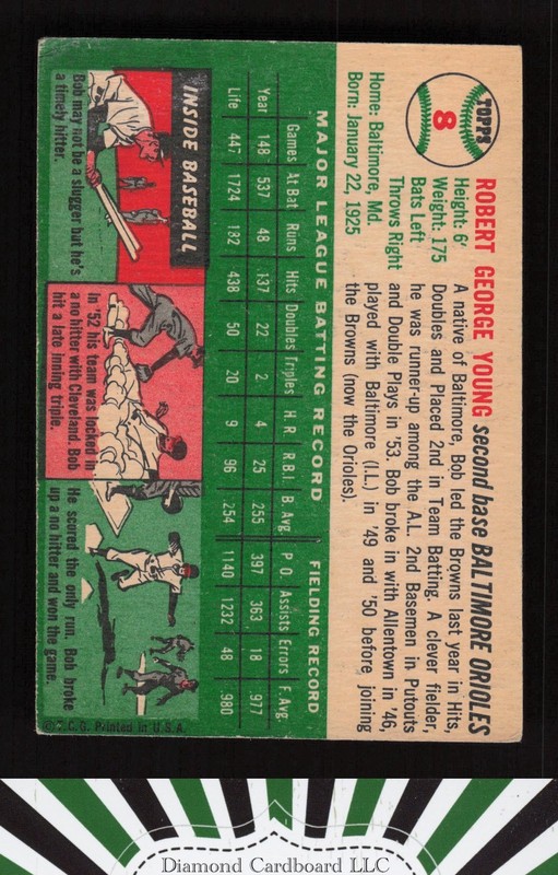 1954 Topps #8 Bobby Young VG (MC) l, back