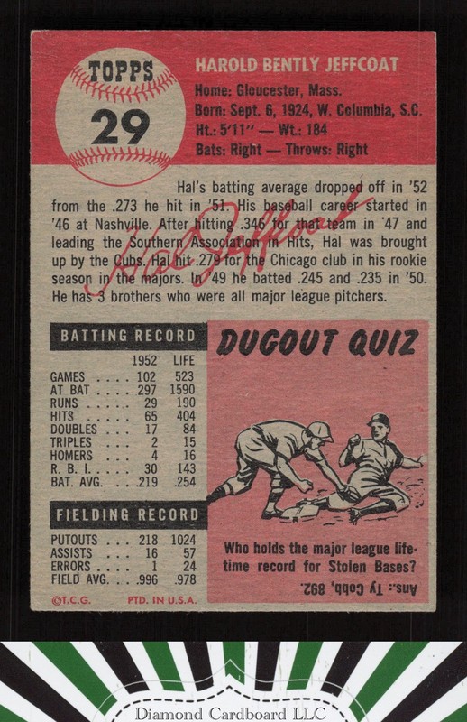 1953 Topps #29 Hal Jeffcoat EX h, back