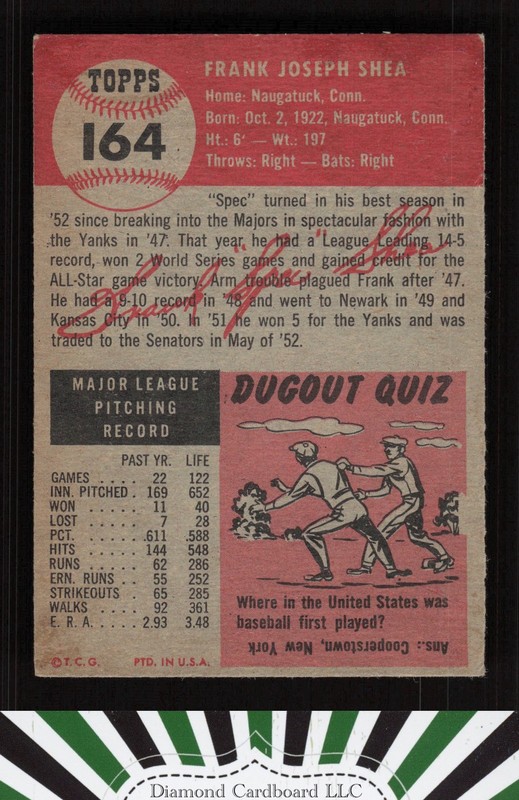 1953 Topps #164 Frank Shea : Bio uses white text VG+ [CENTERED] b, back
