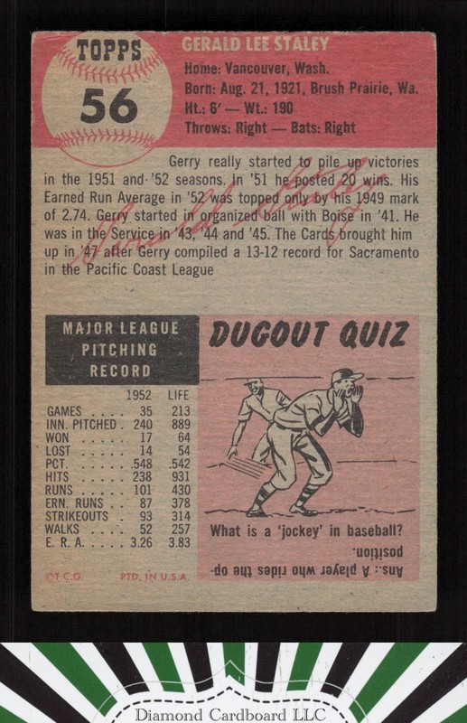 1953 Topps #56 Gerald Staley VGEX d, back