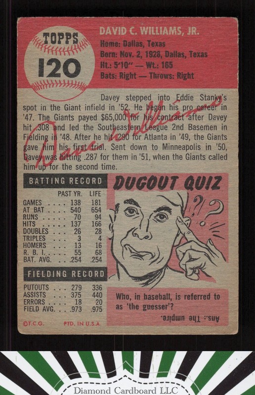 1953 Topps #120 Davey Williams : Bio uses black text VG+ e, back