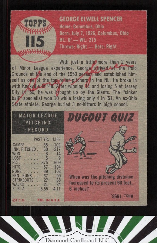1953 Topps #115 George Spencer : Bio uses white text VGEX a, back
