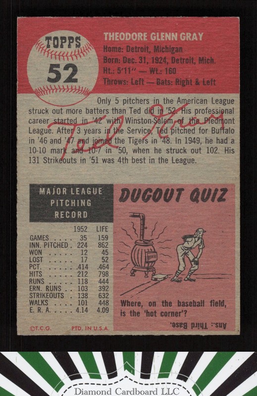 1953 Topps #52 Ted Gray EX g, back