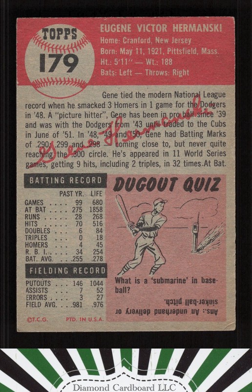 1953 Topps #179 Gene Hermanski VGEX+ h, back