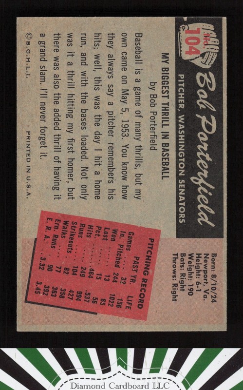 1955 Bowman #104 Bob Porterfield EX, back