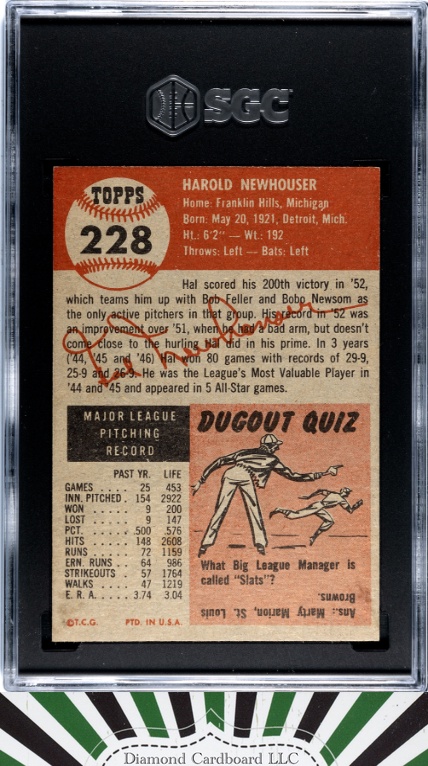 1953 Topps #228 Hal Newhouser SGC 6 [CENTERED], back