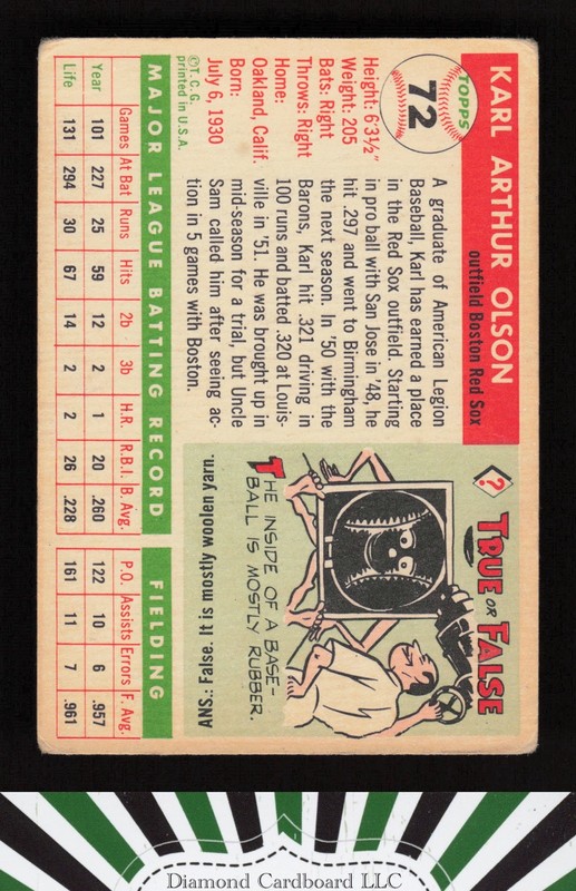 1955 Topps #72 Karl Olson GD e, back