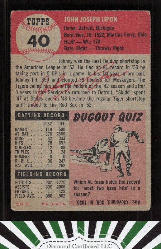 1953 Topps #40 Johnny Lipon GD+ c, back