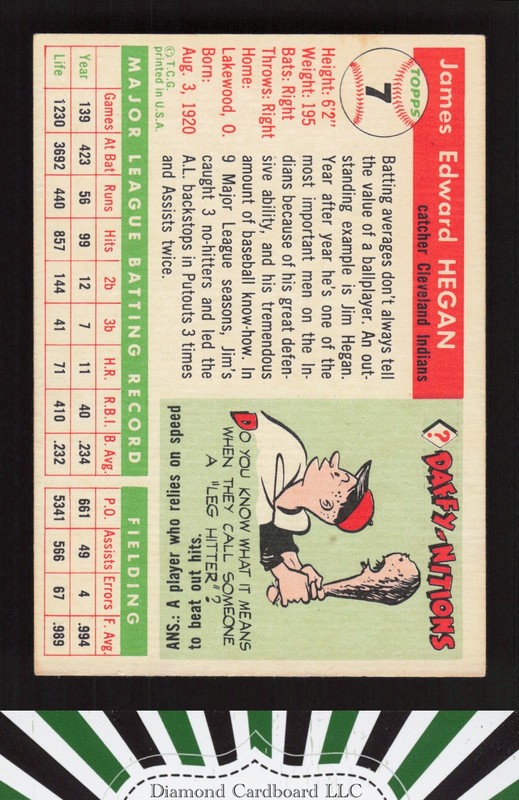 1955 Topps #7 Jim Hegan VGEX+ p, back