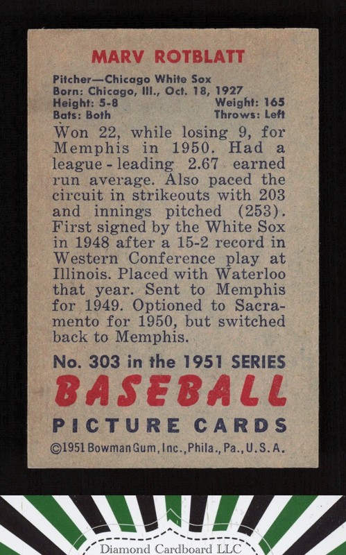 1951 Bowman #303 Marv Rotblatt VGEX, back