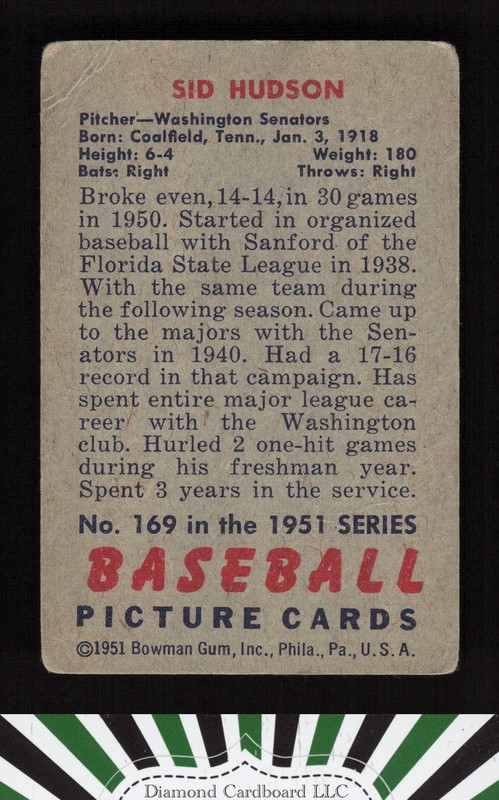 1951 Bowman #169 Sid Hudson GD, back