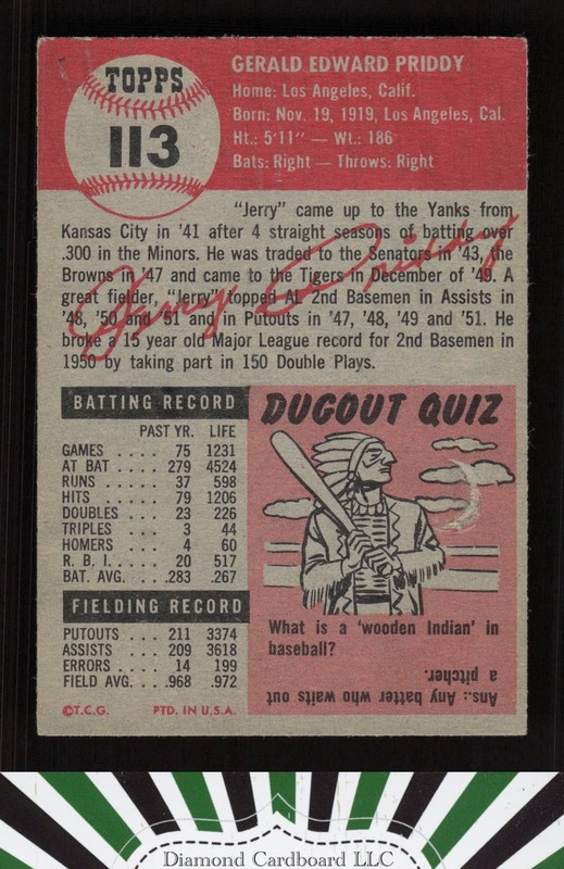 1953 Topps #113 Jerry Priddy : Bio uses white text FR f, back