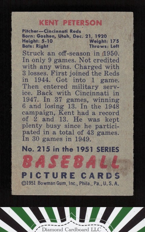 1951 Bowman #215 Kent Peterson EX, back