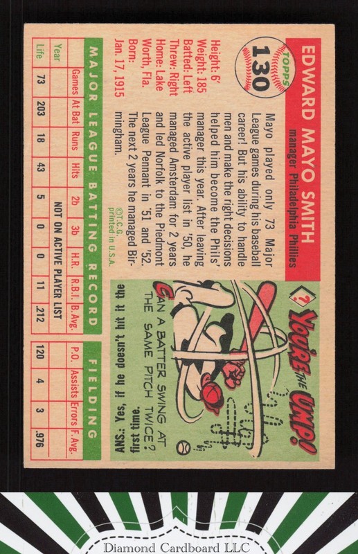 1955 Topps #130 Mayo Smith VGEX m, back