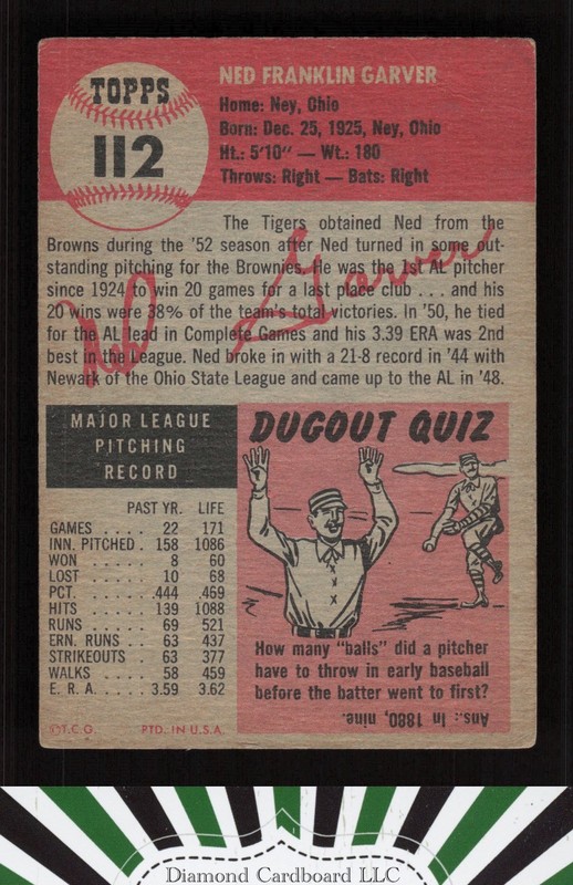 1953 Topps #112 Ned Garver : Bio uses black text FR a, back