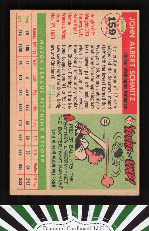 1955 Topps #159 Johnny Schmitz VGEX+ l, back