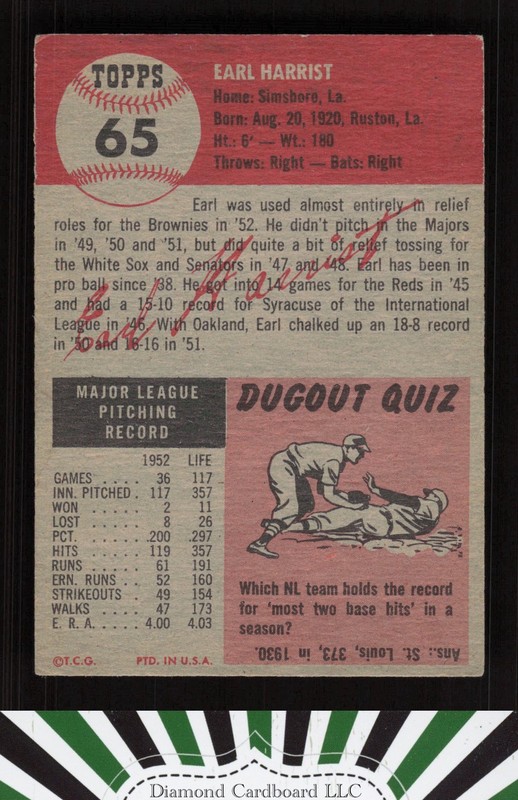 1953 Topps #65 Earl Harrist VGEX+ [CENTERED] e, back