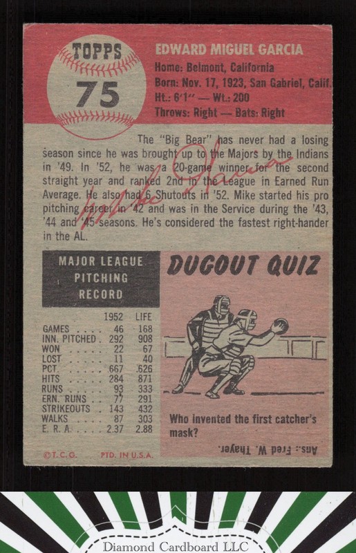1953 Topps #75 Mike Garcia VGEX g, back