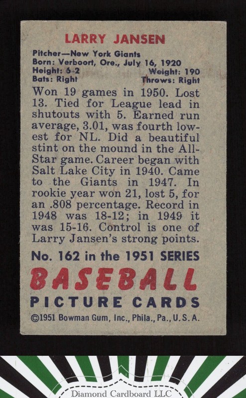 1951 Bowman #162 Larry Jansen EX, back