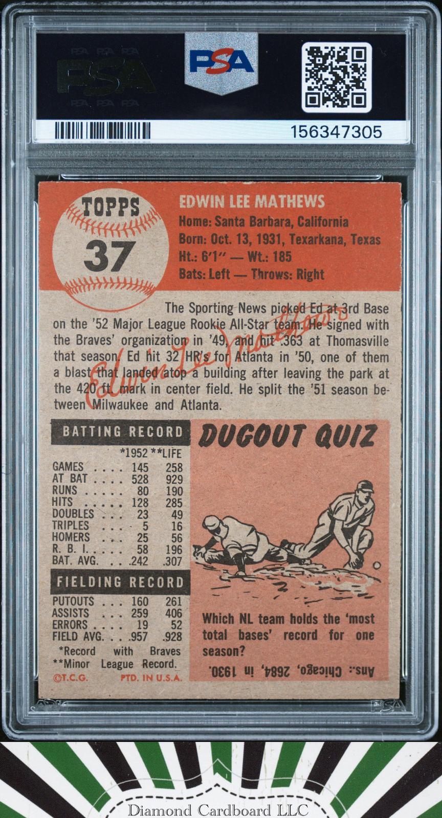 1953 Topps #37 Ed Mathews PSA 7 [LOOKS BETTER], back