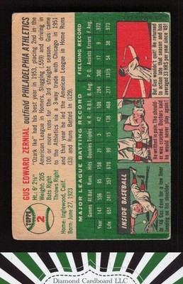 1954 Topps #2 Gus Zernial GD f, back