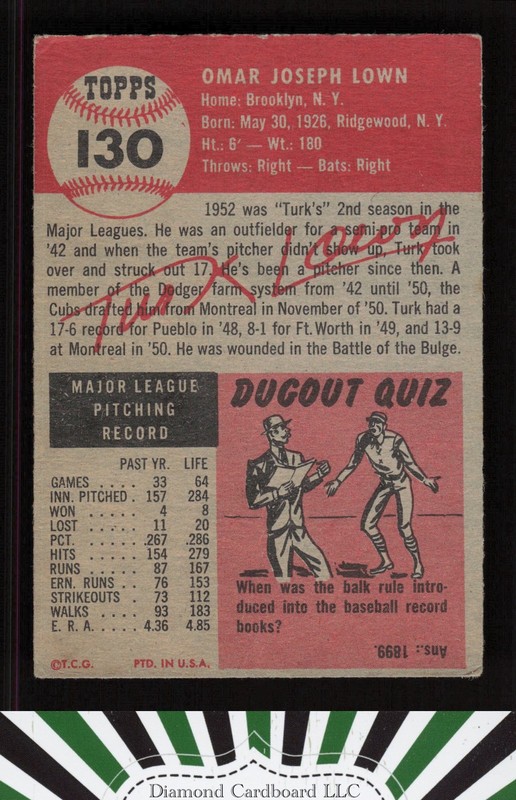 1953 Topps #130 Turk Lown : Bio uses white text VGEX d, back